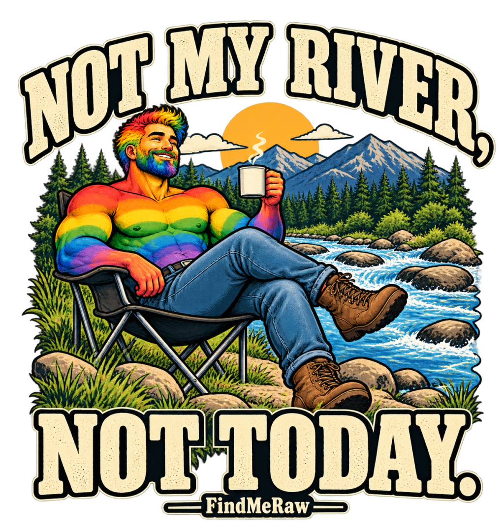 Rainbow Man relaxing in a folding chair beside a river with coffee, beneath the words Not my river, not today.