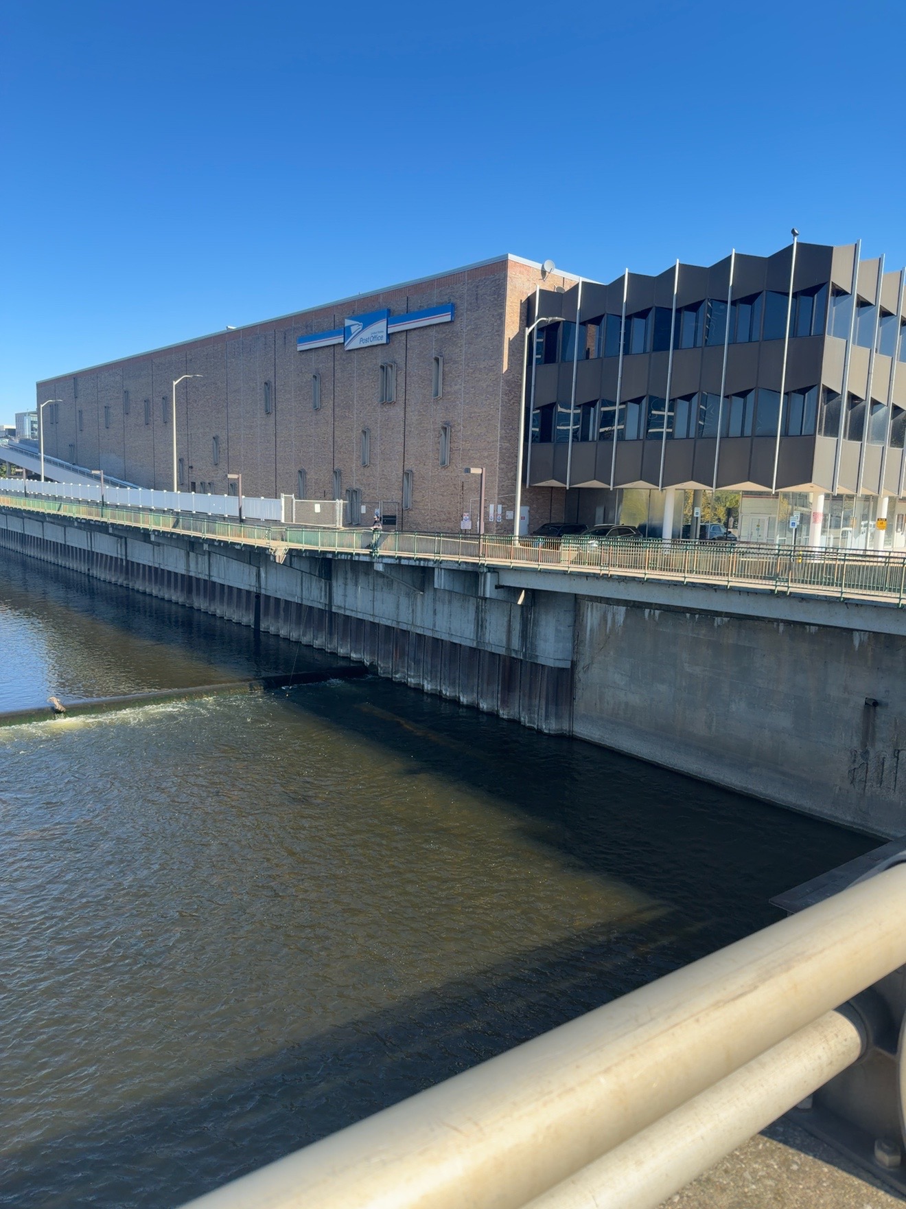 Grand River waterfront and buildings